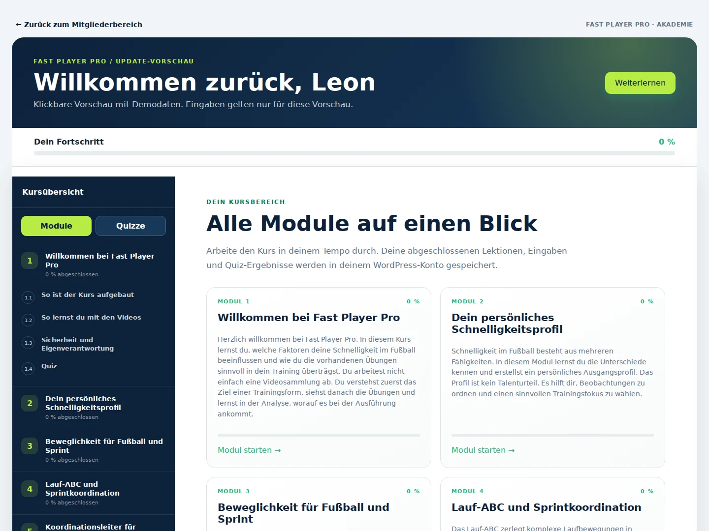 Screenshot der vorhandenen Fast-Player-Pro-Modulübersicht mit Beispielkonto